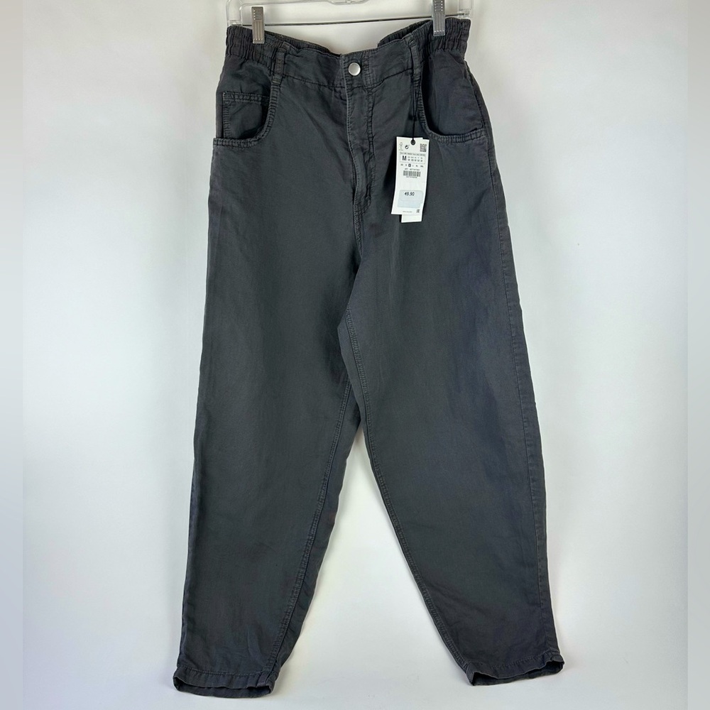 Zara linen blend, high waisted, taper legged pants. NWT Charcoal gray. Size M